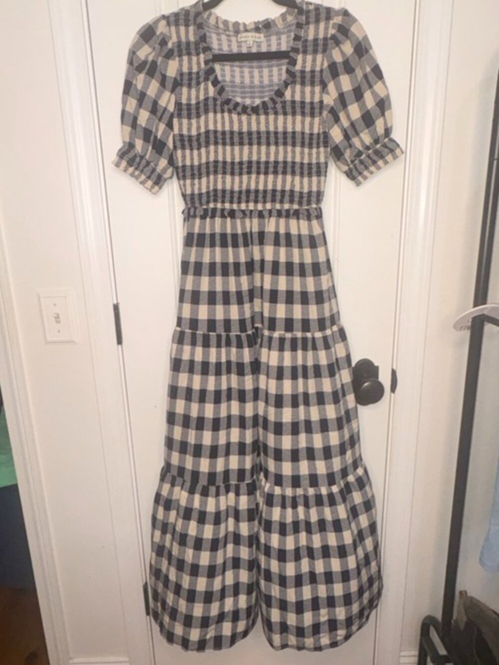 Women's Moon River Smocked Maxi Dress Navy Ivory Gingham Preppy Timeless S